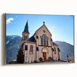Landscape painting of the French Alps in muted earth tones on a framed canvas, ideal for bedroom wall decor.