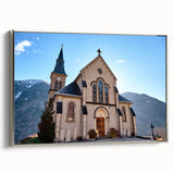 Landscape art painting of the French Alps in muted earth tones on a framed canvas, ideal for living room decor.