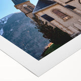 Art deco poster of French Alps in muted earth tones on rolled canvas, suitable for dining room wall art.