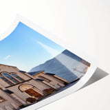 Extra large wall art featuring line art flowers over a French Alps scenery in muted earth tones.