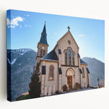 French Alps landscape on stretched canvas, featuring muted green and blue tones, suitable for kitchen wall art.