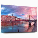 Large abstract depiction of Lyon, France in muted earth tones on acrylic glass, suitable for bedroom or dining room art.