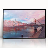 Large abstract wall art of Lyon's cityscape in muted gray and blue tones on a framed acrylic.