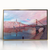 Art Deco style poster of Lyon, France scenery in gold frame, acrylic, ideal for modern nursery decor.