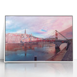 Mid-century modernist art of Lyon, France in acrylic print with pastel shades, ideal for nursery wall art.