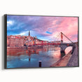 Black and white wall art of Lyon landscape on framed canvas, with vintage poster style, ideal for bedroom decor.