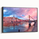 Black and white wall art of Lyon landscape on framed canvas, with vintage poster style, ideal for bedroom decor.