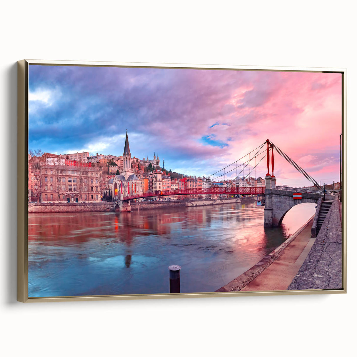 Framed canvas featuring a vintage-style landscape painting of Lyon, France in black and gold tones, ideal for bedroom decor.