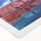 Art deco poster of Lyon, France scenery on rolled canvas, featuring muted earth tones, suitable for dining room wall art.