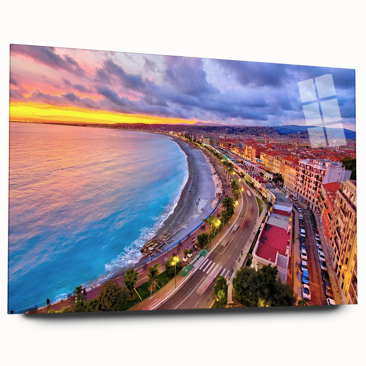 Large abstract depiction of Nice, France in muted blue and green hues on acrylic glass, ideal for bedroom or dining room art.