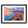 Extra large abstract art print featuring a colorful, textured depiction of Nice, France, in a black frame with mat.
