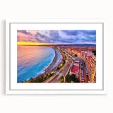 Textured art depicting abstract scenery of Nice, France in muted earth tones on a framed white mat, ideal for bedroom decor.