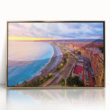 Art Deco poster of Nice, France in muted gold and blue on framed acrylic, suitable for modern art wall decor or nursery.