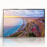 Large acrylic print of a mid-century modernist Nice, France scenery in muted earth tones, ideal for modern art wall decor.