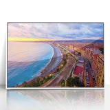 Mid-century modernist art depicting a serene Nice, France scenery in soft pastel shades, framed acrylic.