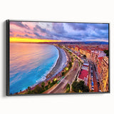 Black and white vintage poster art of a scenic Nice, France landscape on framed canvas, suitable for bedroom decor.