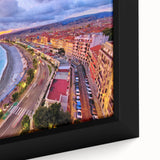 Black wall art depicting a textured scene of Nice, France in vibrant colors on a large framed canvas.