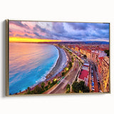 Framed canvas depicting a vintage-style landscape of Nice, France in black and gold tones, ideal for bedroom wall art.