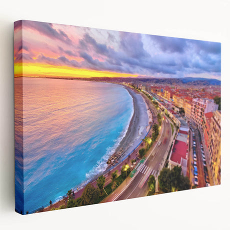 Large art print of a Nice, France scenery in muted earth tones on stretched canvas, ideal for kitchen wall art.