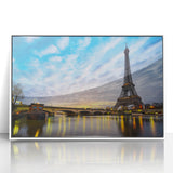 Mid-century modernist art of Paris skyline in muted hues on a framed acrylic, ideal for nursery wall decor.