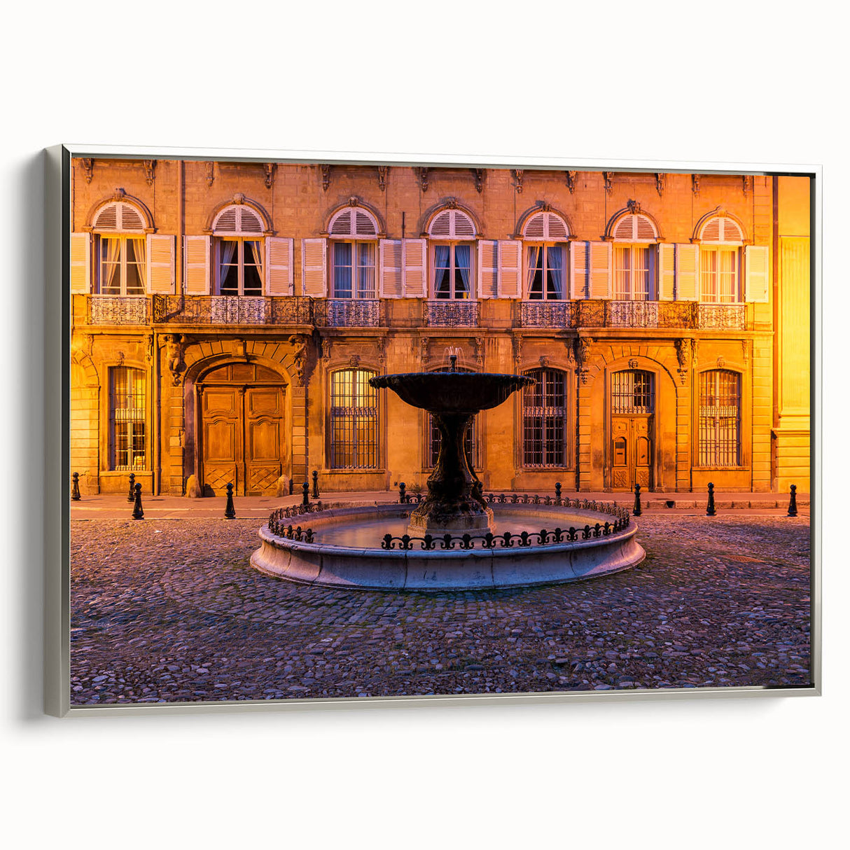 Landscape art painting of Provence in muted colors on a framed canvas, suitable for a vintage-themed living room.