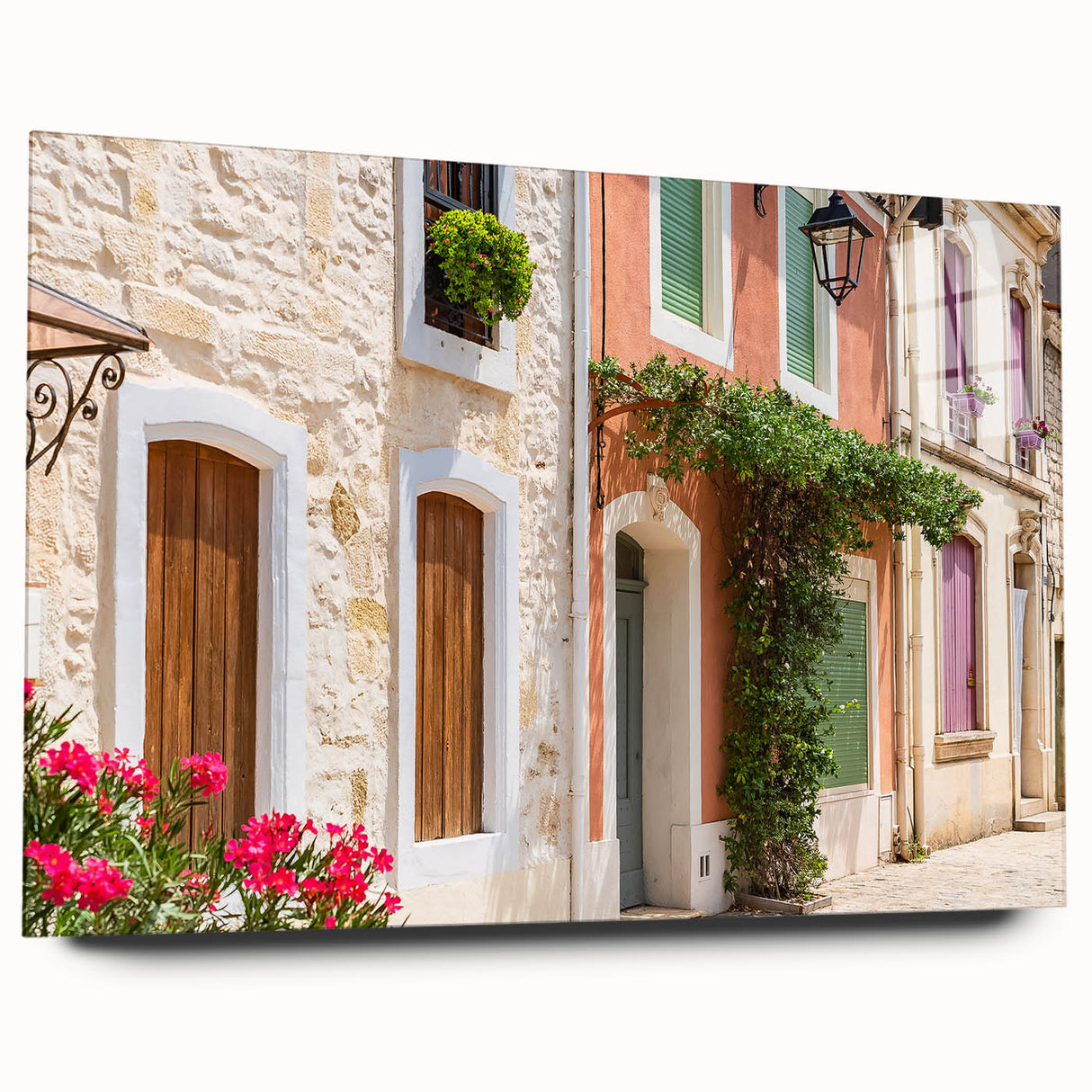 Large abstract acrylic print of a serene European landscape in soft blue and green tones.