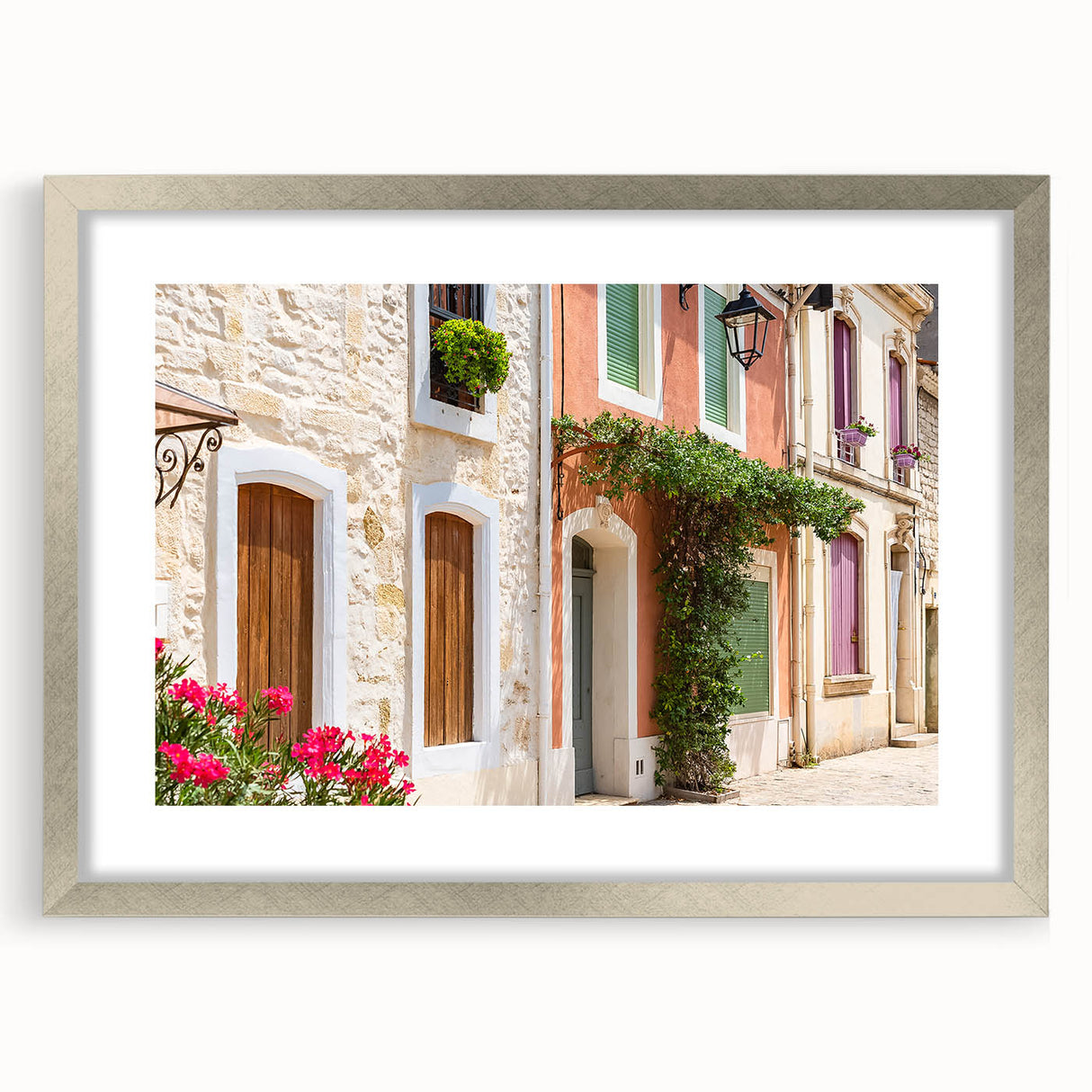 Extra large wall art featuring an abstract textured print of a South France scenery in silver frame.