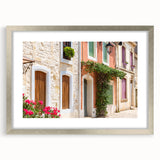 Extra large wall art featuring an abstract textured print of a South France scenery in silver frame.