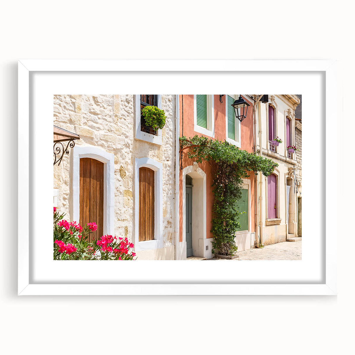 Textured abstract art print of a Southern France scenery in muted earth tones, framed in white, ideal for bedroom art.