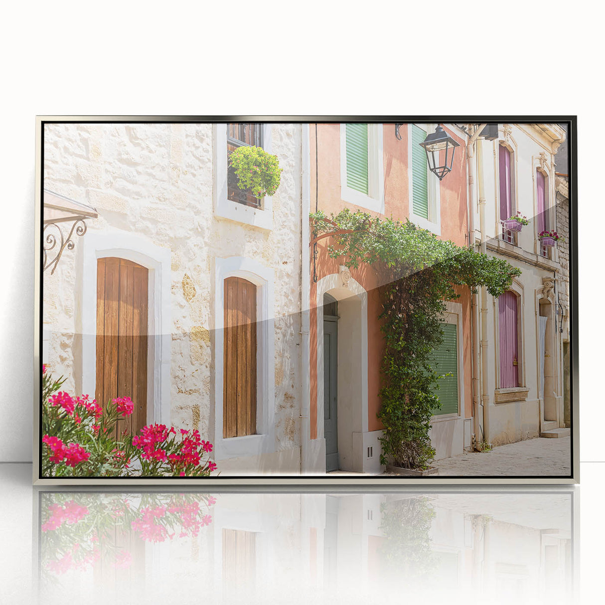 Large acrylic print of a mid-century modernist European scenery in muted earth tones, ideal for modern art wall decor.