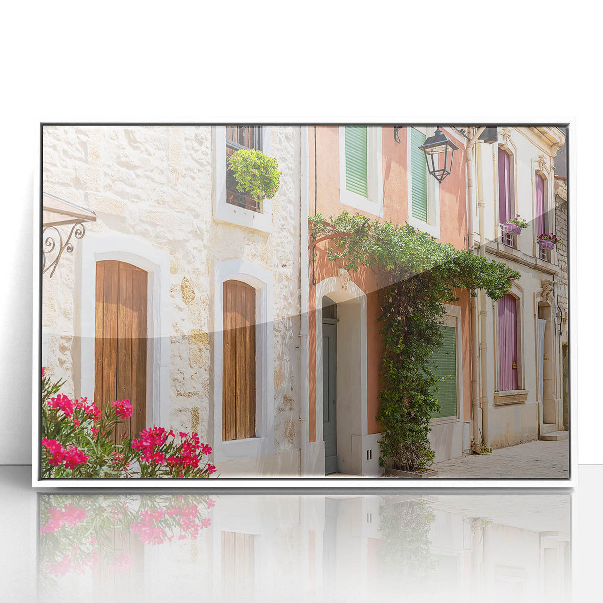 Mid-century modernist art depicting a serene South France landscape in pastel colors on a framed acrylic panel.