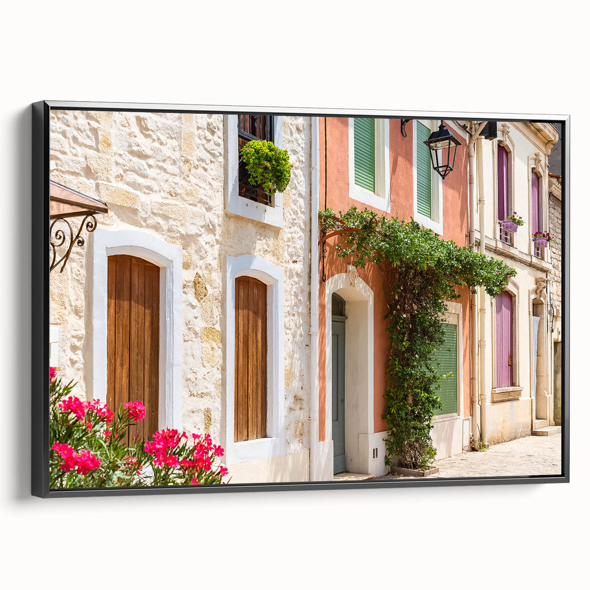 Black and white landscape art painting of a southern France scenery on framed canvas, suitable for bedroom wall decor.