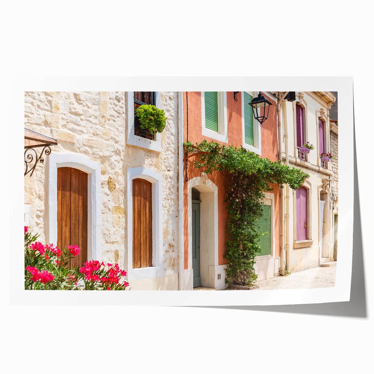 Extra large rolled print of a French countryside scenery in muted green and blue tones.