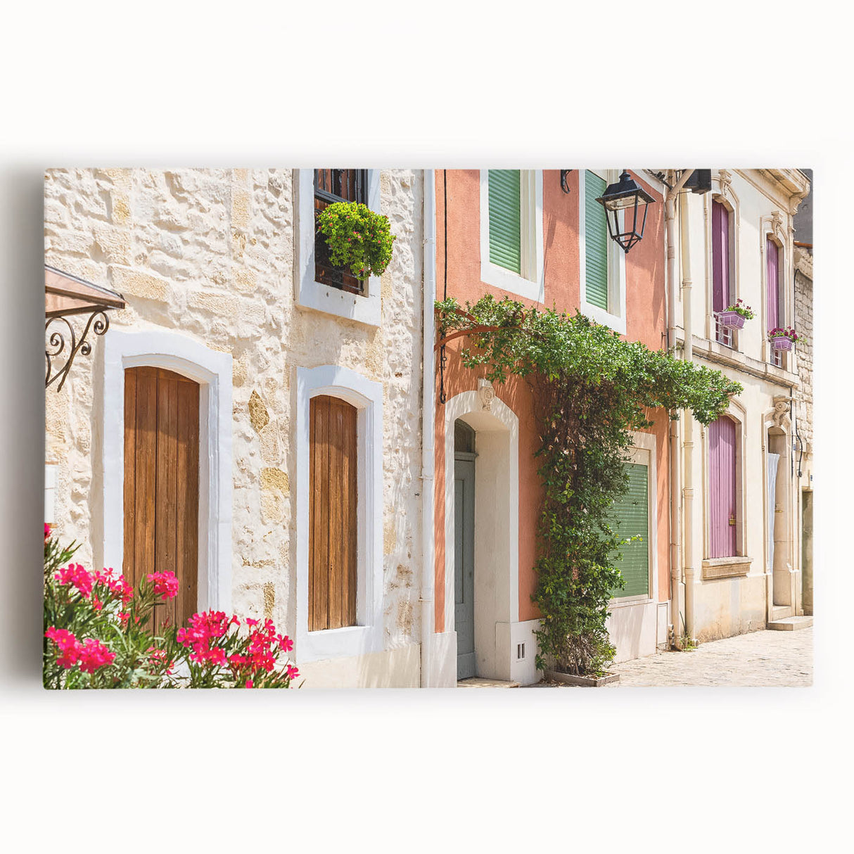 Black and white photograph of a scenic French village on stretched canvas, ideal for kitchen wall art or bedroom ambiance.