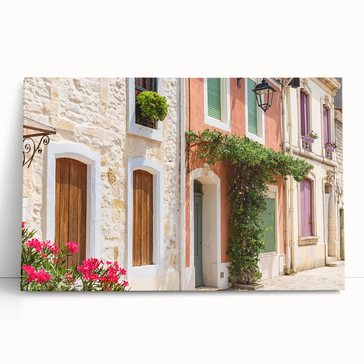 Black and white photograph of a quaint European street scene on stretched canvas, ideal for kitchen wall art.