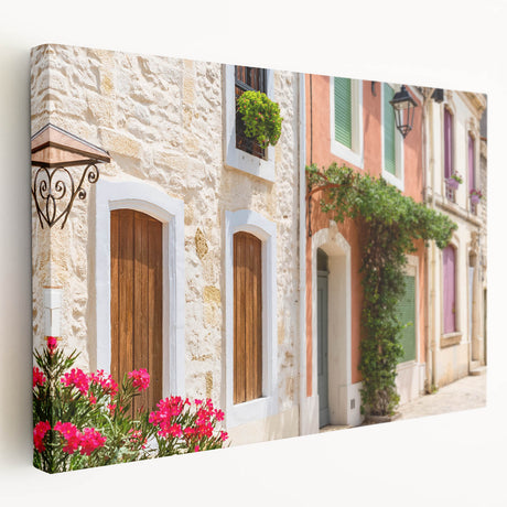 Large canvas print of a serene French countryside scene in muted green and blue tones, ideal for kitchen wall art.