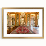 Abstract art print of Versailles scenery in muted gold and blue tones on a framed canvas, ideal for dining room decor.