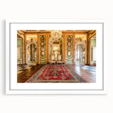Textured art print of abstract Versailles scenery in muted earth tones, framed with a white mat, ideal for bedroom art.