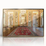 Art Deco poster of Versailles scenery in gold and blue tones on framed acrylic, ideal for modern art wall decor.