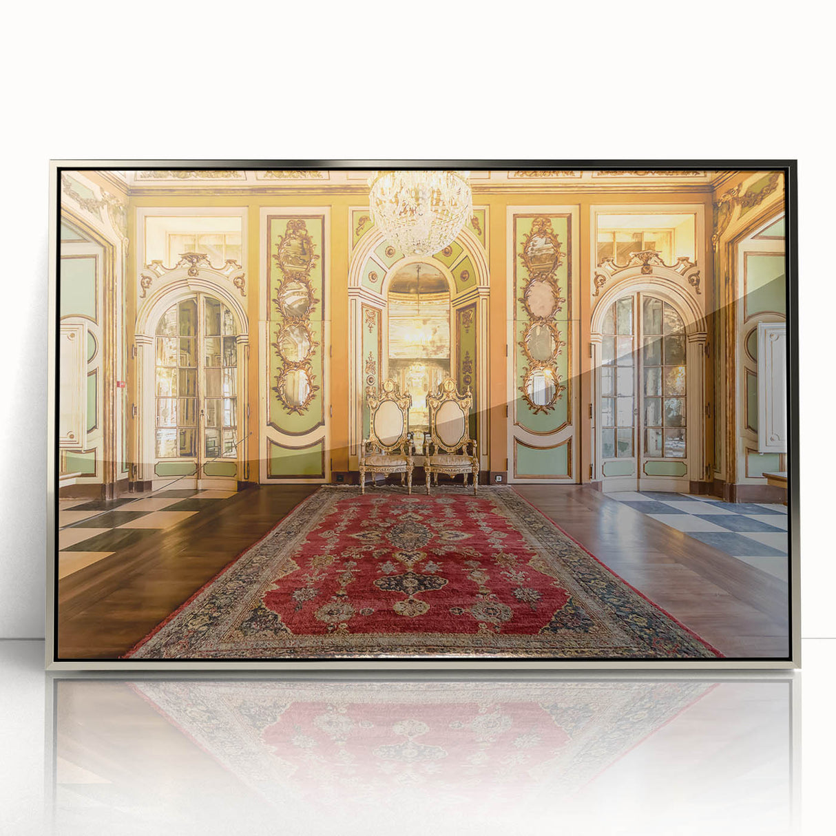 Acrylic print of Versailles landscape in muted colors, framed in silver, suitable for modern nursery decor.