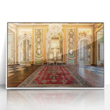 Mid-century modernist art depicting the Versailles scenery in soft pastel colors on a white-framed acrylic print.