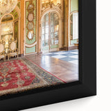 Extra large framed canvas of Versailles scenery in black with colorful, textured art details, ideal for living room decor.
