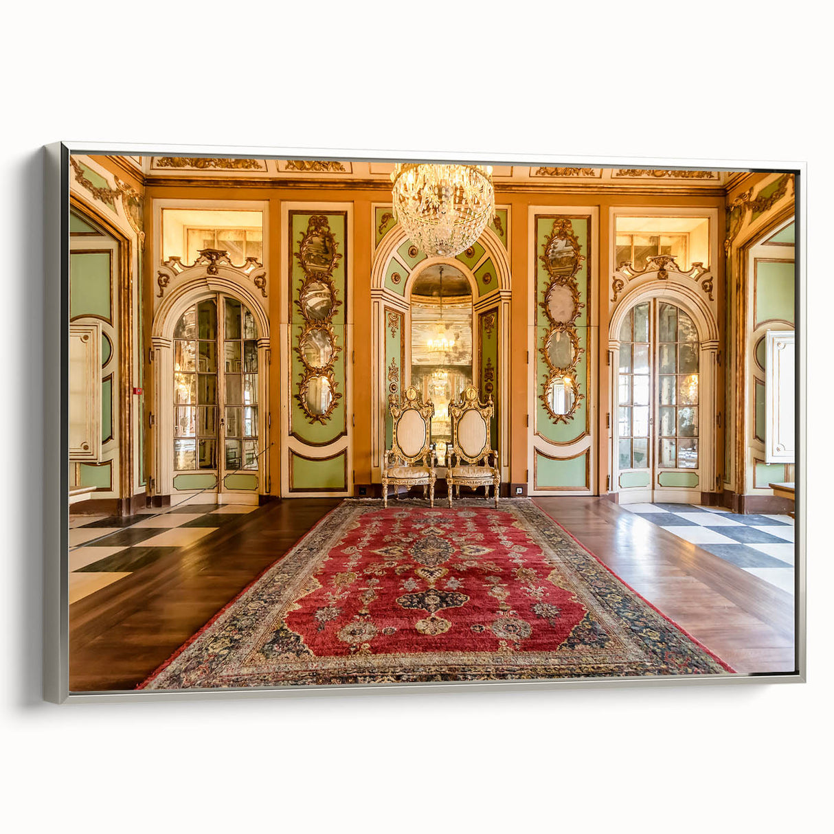 Landscape art painting of Versailles gardens in muted greens and blues on a framed canvas.