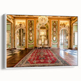 Vintage poster art of Versailles scenery on framed canvas, featuring colorful art in muted tones.