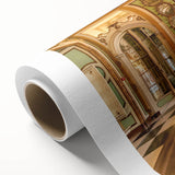 Art Deco poster of Versailles scenery on rolled canvas, in muted gold and blue tones, ideal for nursery wall art.