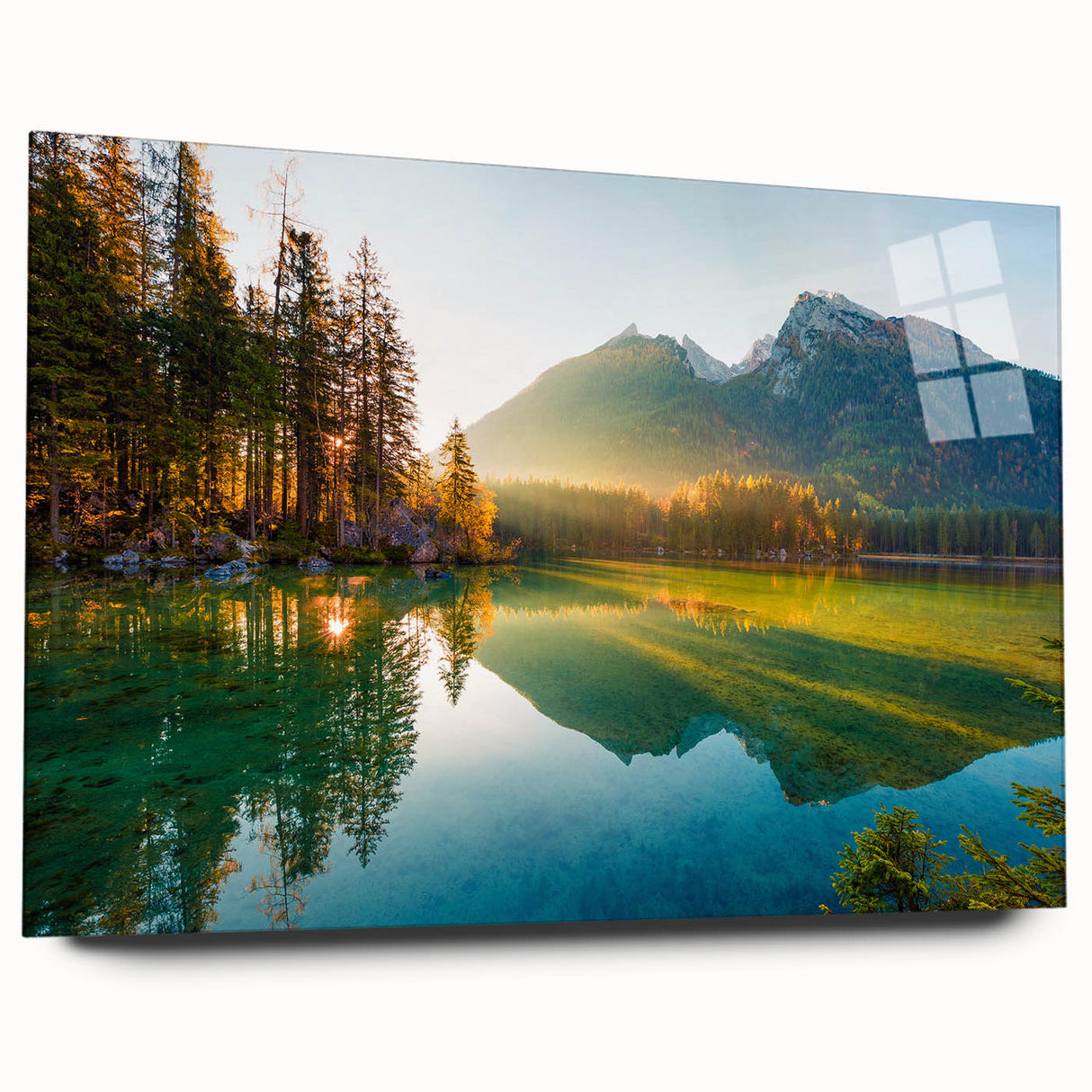 Large abstract acrylic print of a Bavarian landscape in muted green and blue tones.