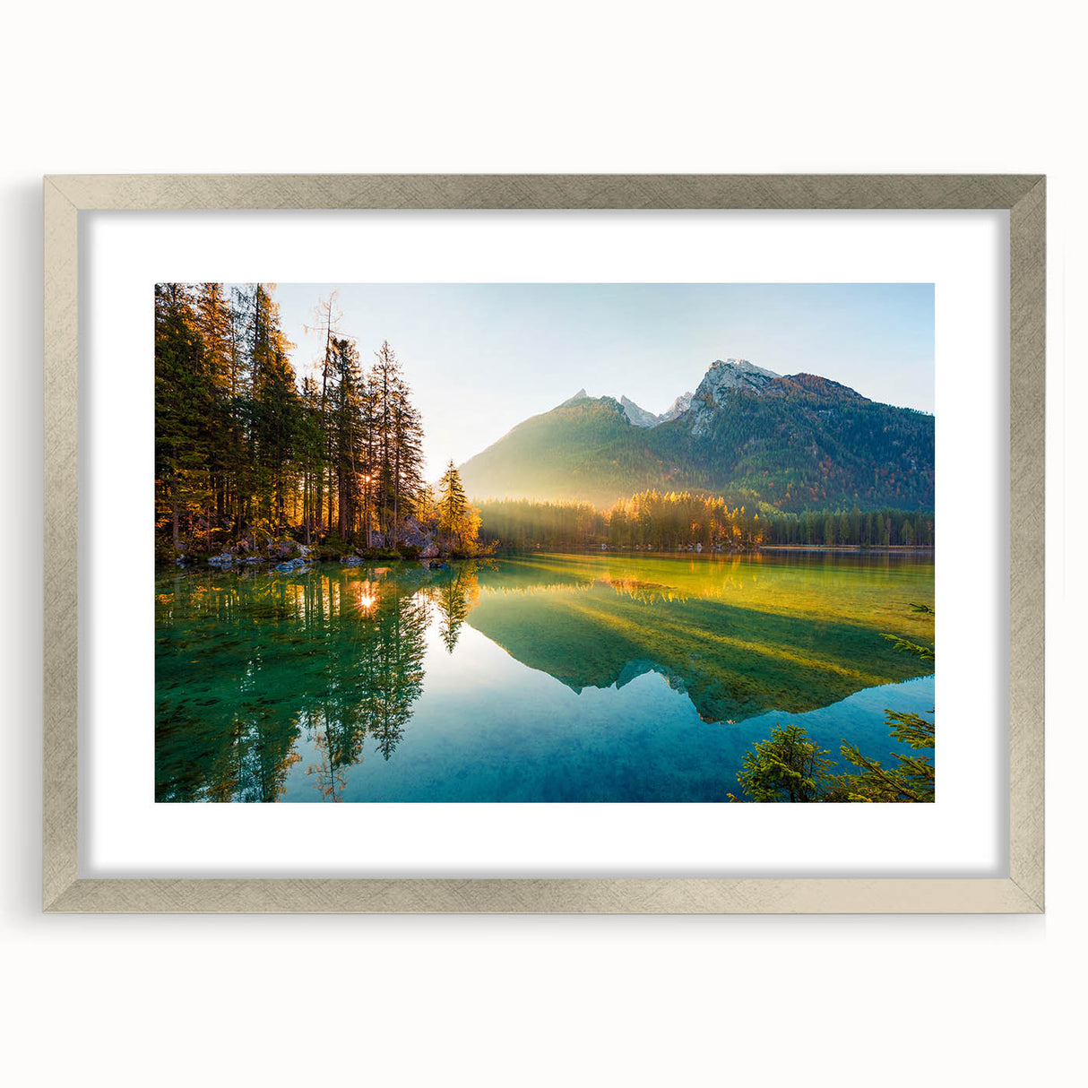 Extra large abstract art print of a Bavarian scenery in textured silver frame, ideal for living room decor.