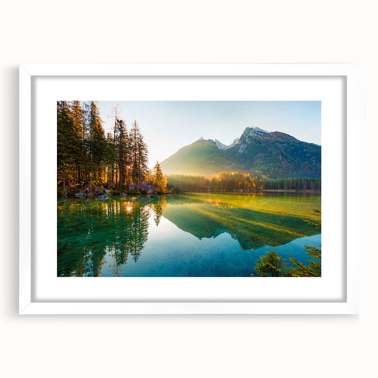 Textured abstract art print depicting a Bavarian landscape in muted earth tones, framed with a white mat.