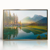 Art deco poster of a Bavarian landscape in muted earth tones, acrylic print in a gold frame, ideal for modern art wall decor.