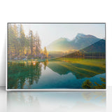 Mid-century modernist art depicting a Bavarian landscape in muted earth tones on a white framed acrylic print.